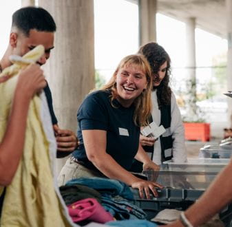 Community services worker chatting